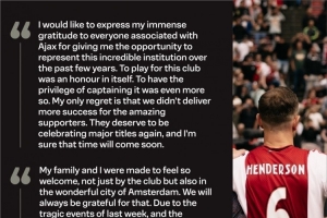 亨德森告别信：为阿贾克斯效力是我的荣幸，遗憾未带来更多成功